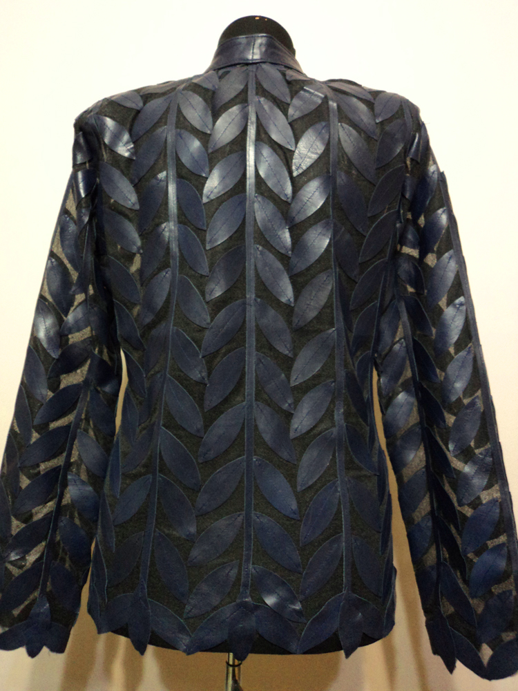 Navy Blue Leather Leaf Jacket for Women Design 04 Genuine Short Handmade Lightweight Meshed