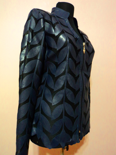 Navy Blue Leather Leaf Jacket Women Design Genuine Short Zip Up Light Lightweight