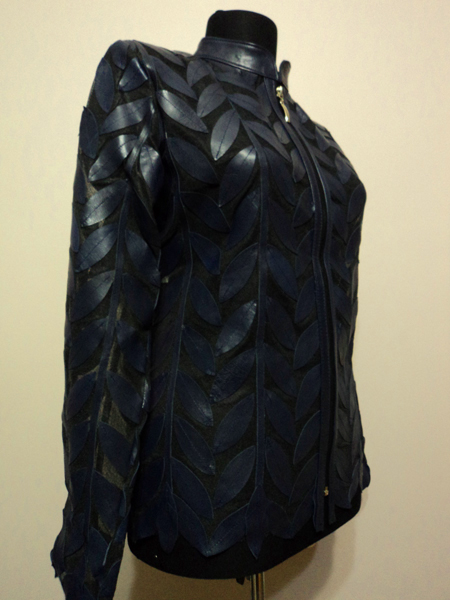 Navy Blue Leather Leaf Jacket Women Design Genuine Short Zip Up Light Lightweight