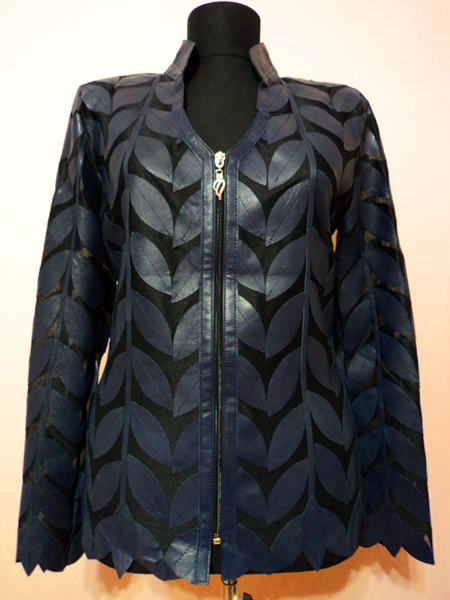 Navy Blue Women's Leather Jacket Leaf Design V Neck Genuine Lambskin Zip Short Soft Real Skin Lightweight Windbreaker Handmade Meshed for Women