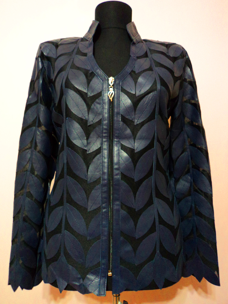 Navy Blue Leather Leaf Jacket for Women V Neck Design 08 Genuine Short Zip Up Light Lightweight