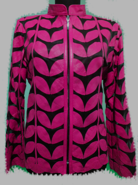 Pink Leather Leaf Jacket Women Design Genuine Short Zip Up Light Lightweight