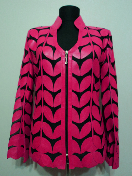 Pink Leather Leaf Jacket Women Design Genuine Short Zip Up Light Lightweight