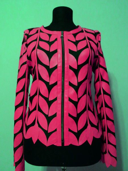 Pink Leather Leaf Jacket Women Design Genuine Short Zip Up Light Lightweight