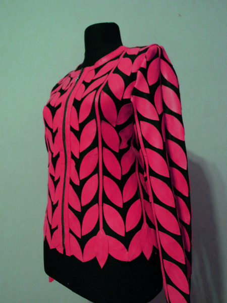 Pink Leather Leaf Jacket Women Design Genuine Short Zip Up Light Lightweight