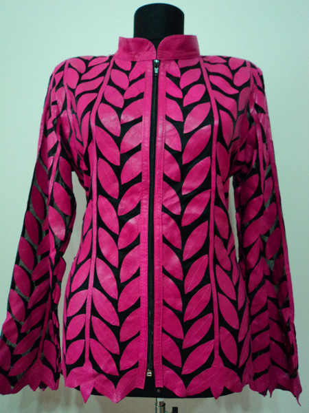 Pink Leather Leaf Jacket Women Design Genuine Short Zip Up Light Lightweight