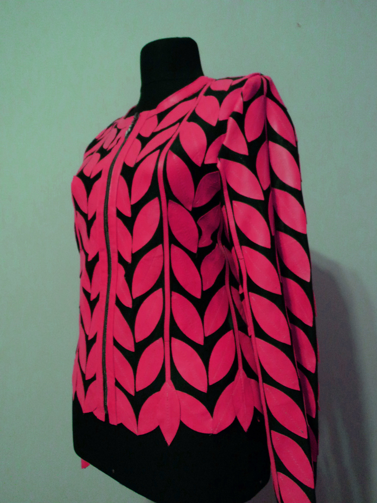 Pink Leather Leaf Jacket for Women Round Neck Design 11 Genuine Short Zip Up Light Lightweight