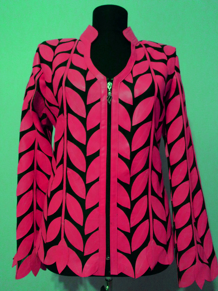 Pink Leather Leaf Jacket for Women V Neck Design 08 Genuine Short Zip Up Light Lightweight