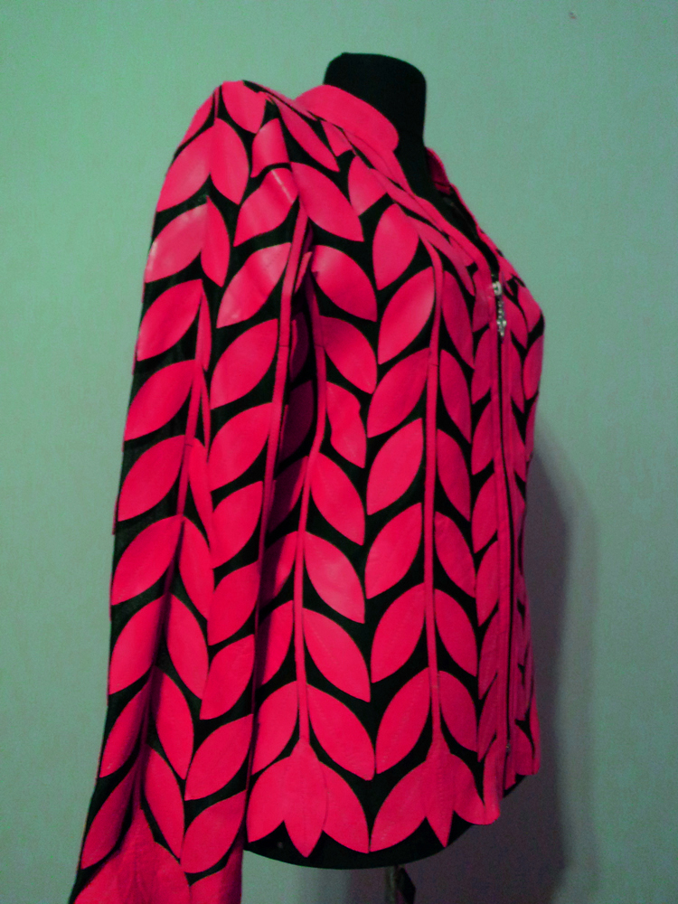 Pink Leather Leaf Jacket for Women V Neck Design 08 Genuine Short Zip Up Light Lightweight