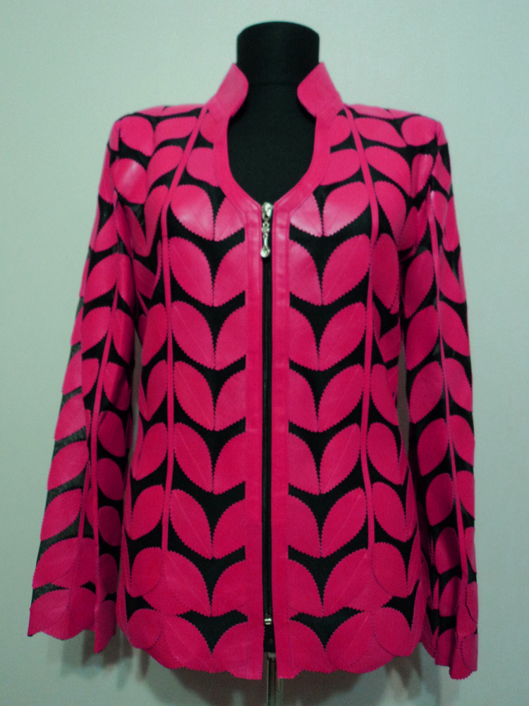 Pink Leather Leaf Jacket for Women V Neck Design 09 Genuine Short Zip Up Light Lightweight