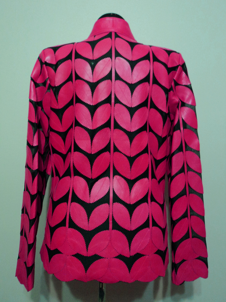 Pink Leather Leaf Jacket for Women V Neck Design 09 Genuine Short Zip Up Light Lightweight