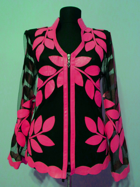 V Neck Pink Leather Leaf Jacket for Women