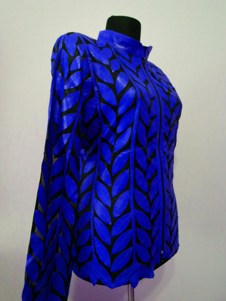 Plus Size Blue Leather Leaf Jacket for Women Design 04 Genuine Short Zip Up Light Lightweight