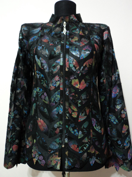 Plus Size Flower Pattern Black Leather Leaf Jacket for Women