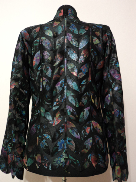 Plus Size Flower Pattern Black Leather Leaf Jacket for Women