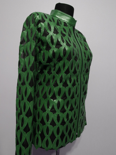 Plus Size Green Leather Leaf Jacket for Women Design 05 Genuine Short Zip Up Light Lightweight