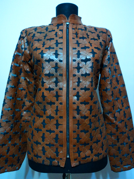 Plus Size Women's Leather Jacket Leaf Design 06