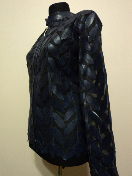 Plus Size Navy Blue Leather Leaf Jacket for Women