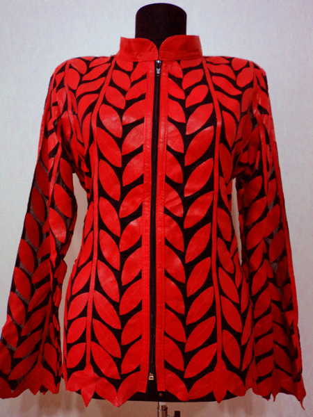 Plus Size Red Leather Leaf Jacket for Women Design 04 Genuine Short Zip Up Light Lightweight [ Click to See Photos ]