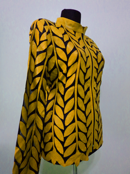 Plus Size Yellow Leather Leaf Jacket for Women Design 04 Genuine Short Zip Up Light Lightweight