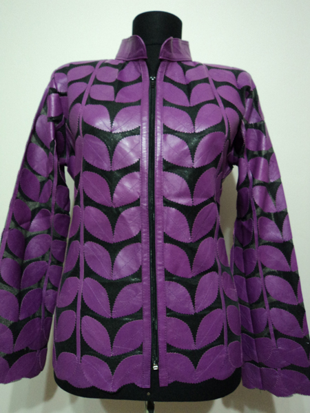Purple Leather Leaf Jacket Women Design Genuine Short Zip Up Light Lightweight