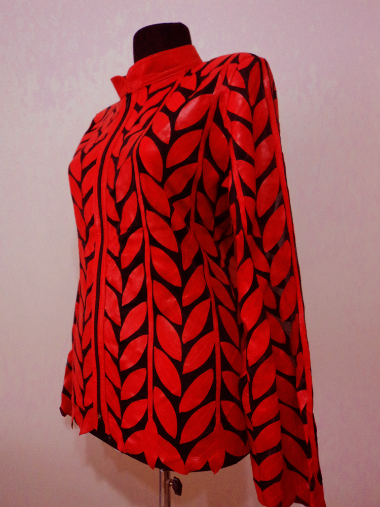 Red Leather Leaf Jacket for Women Design 04 Genuine Short Handmade Lightweight Meshed