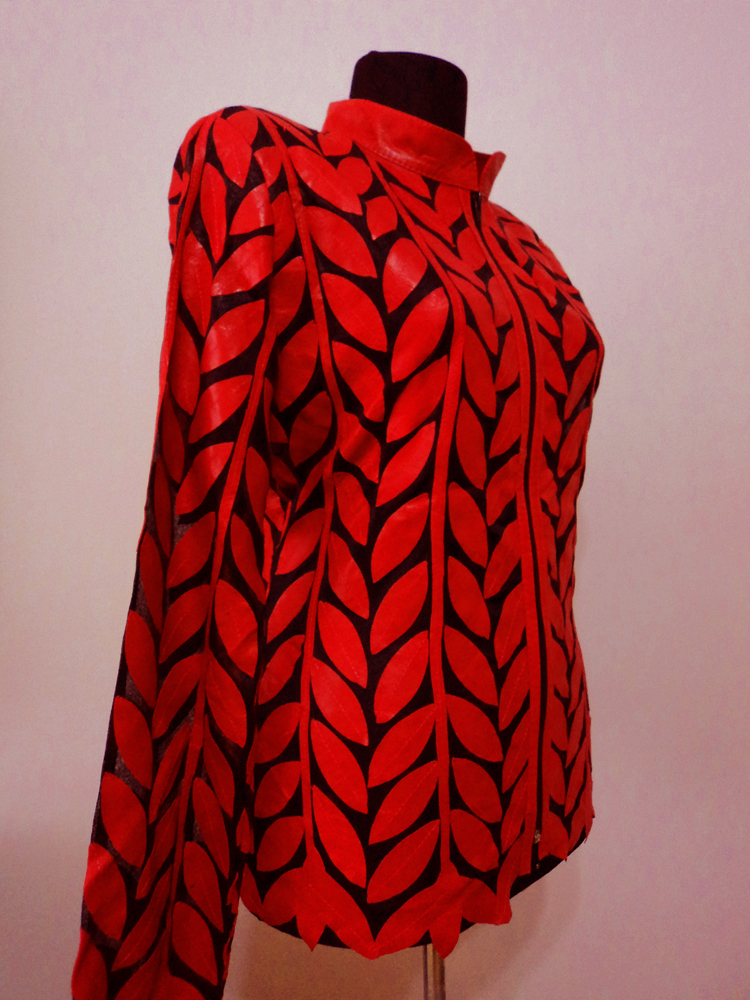 Red Leather Leaf Jacket for Women Design 04 Genuine Short Handmade Lightweight Meshed