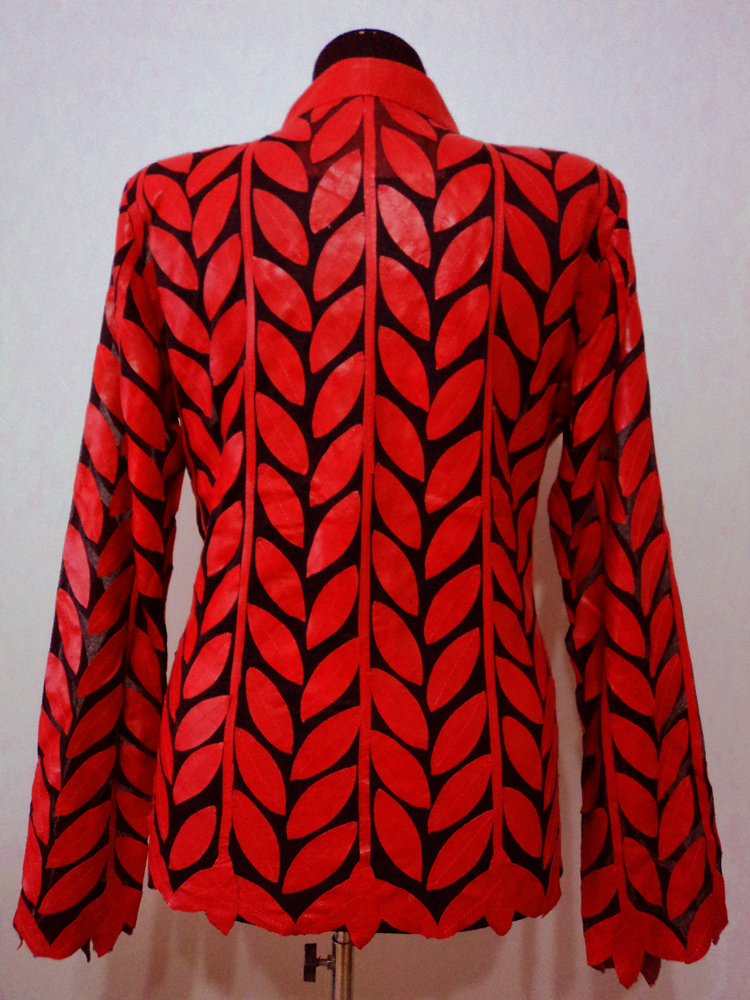 Red Leather Leaf Jacket for Women Design 04 Genuine Short Handmade Lightweight Meshed