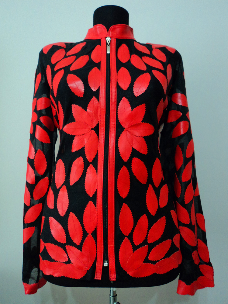 Red Leather Leaf Jacket for Women