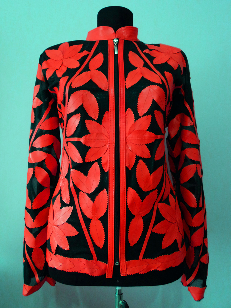 Red Leather Leaf Jacket for Women
