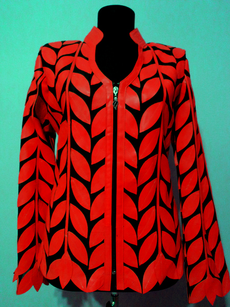 Red Leather Leaf Jacket Women Design Genuine Short Zip Up Light Lightweight
