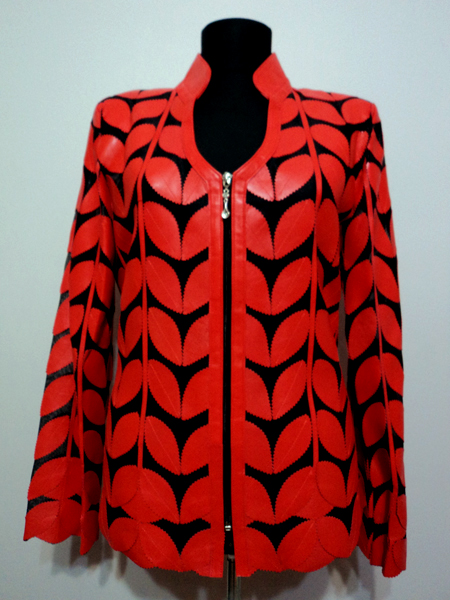 Red Leather Leaf Jacket Women Design Genuine Short Zip Up Light Lightweight