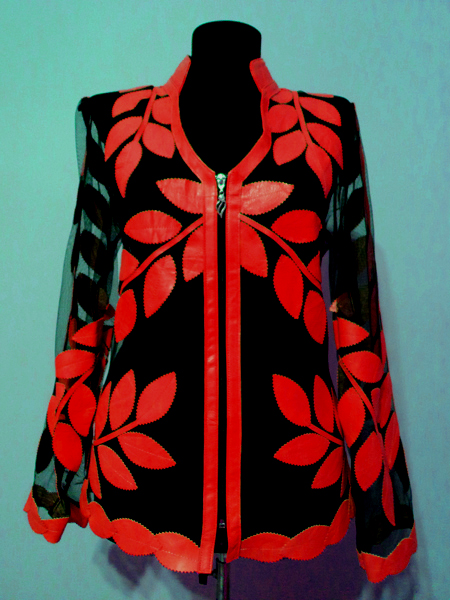 Red Leather Leaf Jacket Women Design Genuine Short Zip Up Light Lightweight