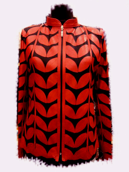 Red Leather Leaf Jacket Women Design Genuine Short Zip Up Light Lightweight