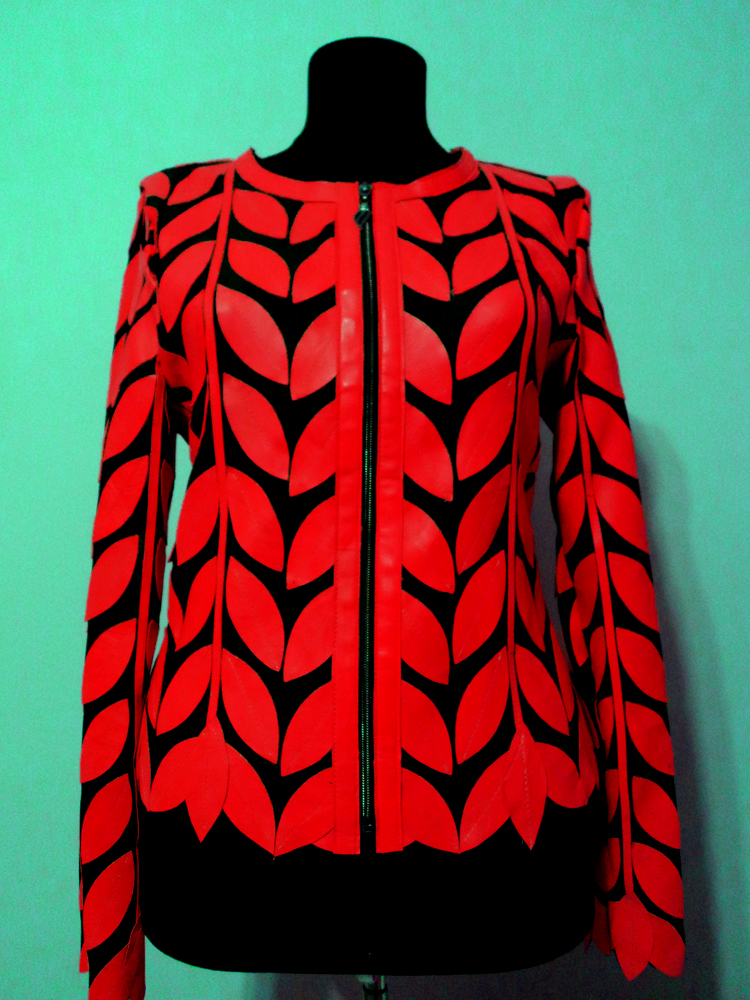 Red Leather Leaf Jacket for Women Round Neck Design 11 Genuine Short Zip Up Light Lightweight