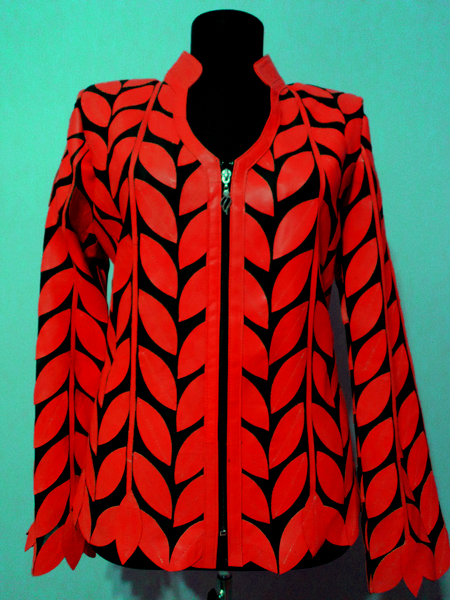 Red Leather Leaf Jacket for Women V Neck Design 08 Genuine Short Zip Up Light Lightweight