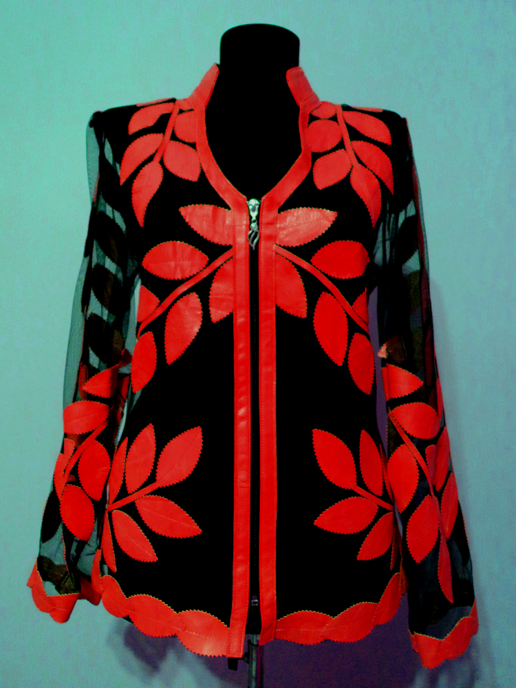 Red Leather Leaf Jacket for Women V Neck Design 10 Genuine Short Zip Up Light Lightweight