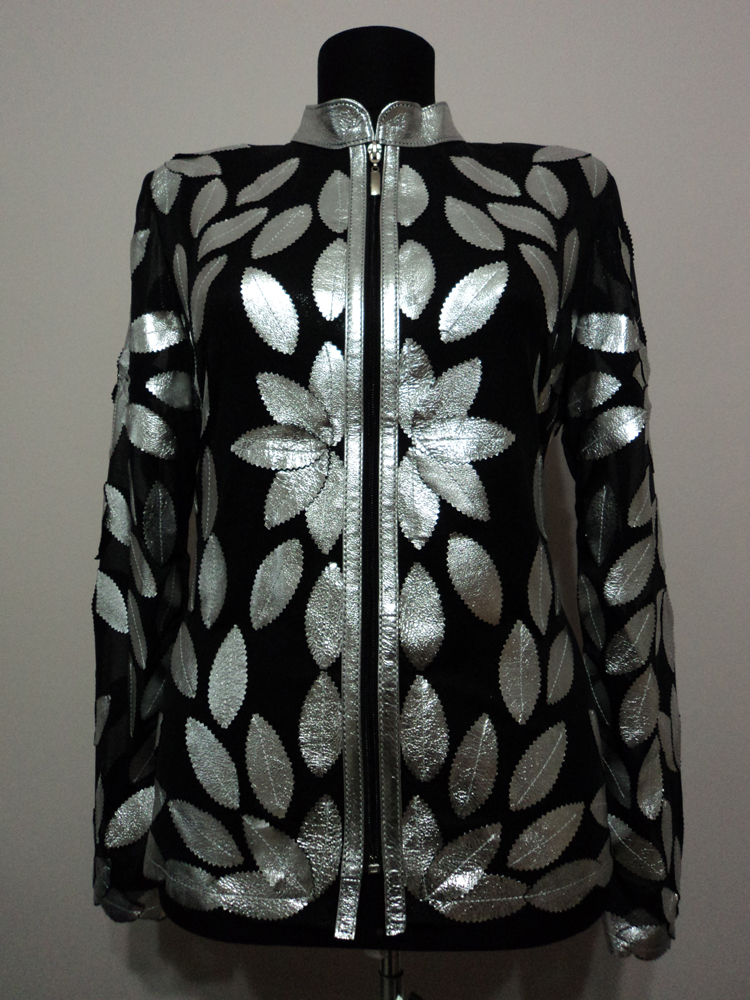 Silver Gray Leather Leaf Jacket for Women