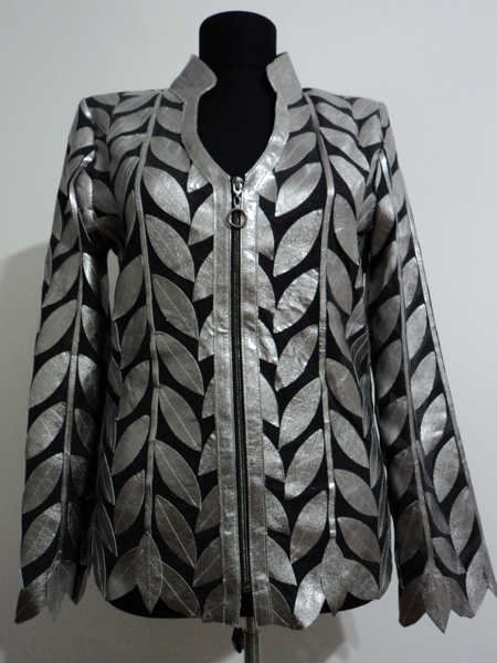 Silver Leather Leaf Jacket Women Design Genuine Short Zip Up Light Lightweight