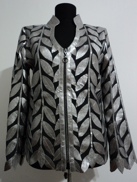 Silver Leather Leaf Jacket for Women V Neck Design 08 Genuine Short Zip Up Light Lightweight [ Click to See Photos ]