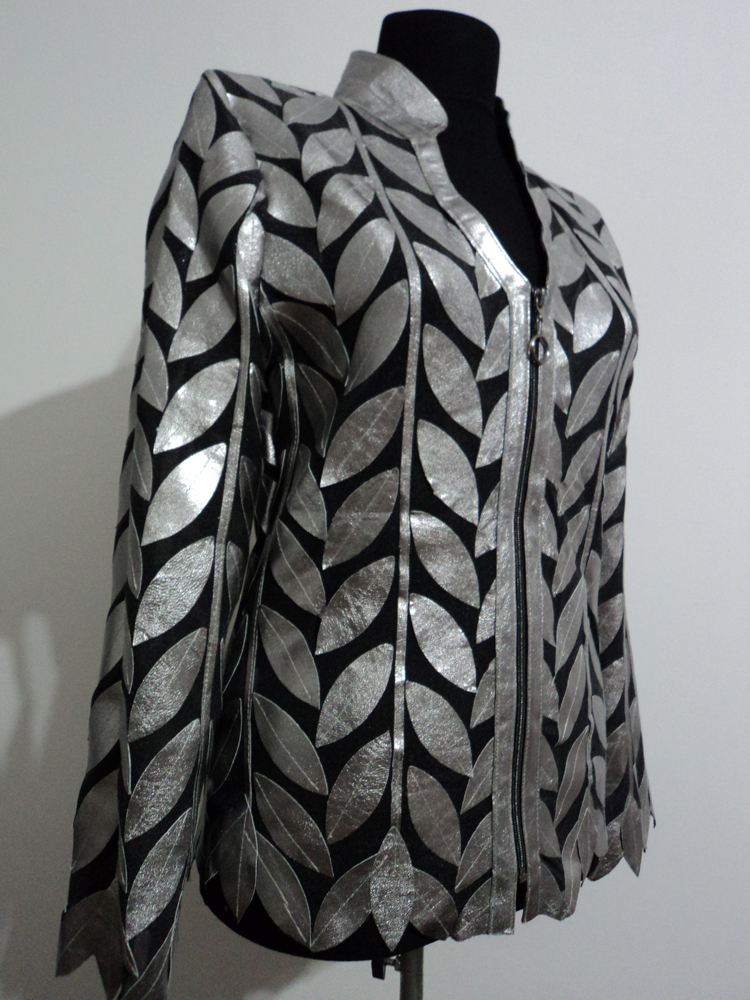 Silver Leather Leaf Jacket for Women V Neck Design 08 Genuine Short Zip Up Light Lightweight