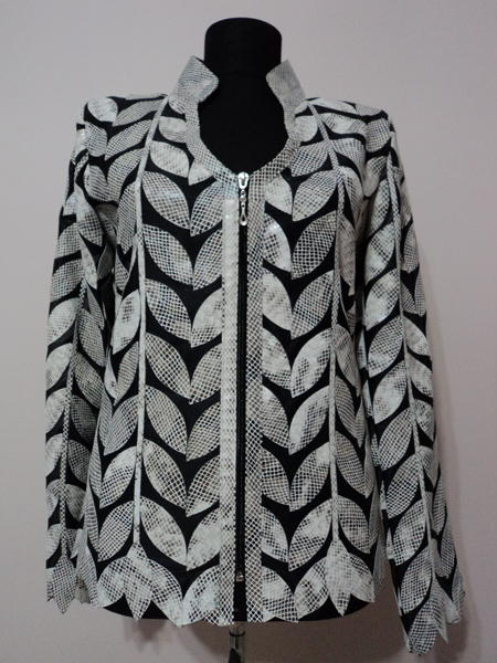 V Neck White Snake Pattern Leather Leaf Jacket for Women