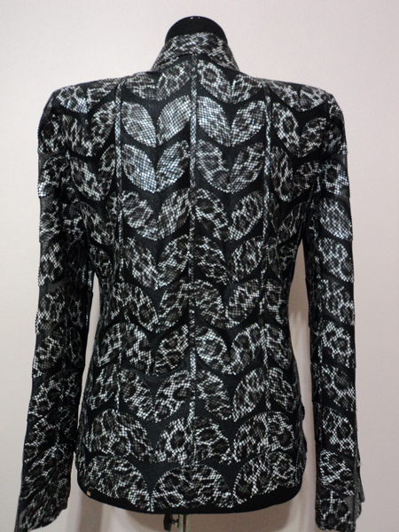 Black Leopard Pattern Leather Leaf Jacket for Women