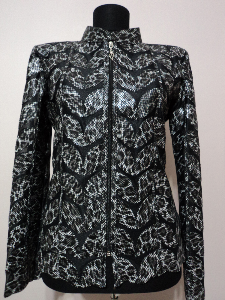Womens Black Leopard Pattern Leather Leaf Jacket