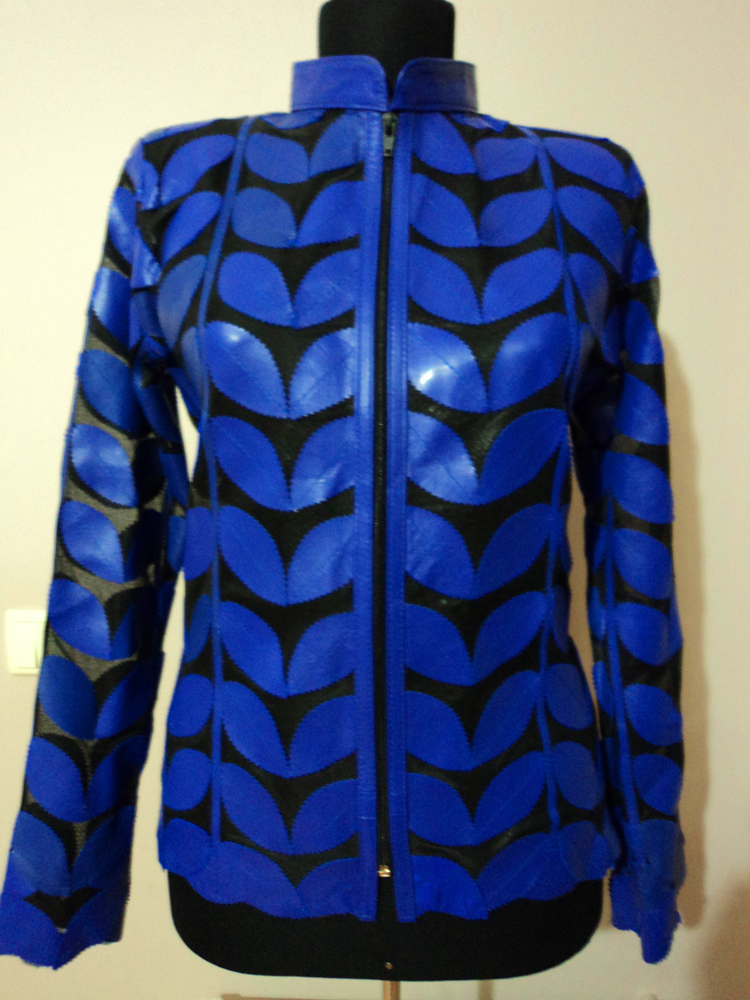 Womens Blue Leather Leaf Jacket