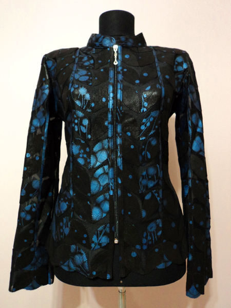 Blue Spotted Black Leather Leaf Jacket for Women [ Click to See Photos ]
