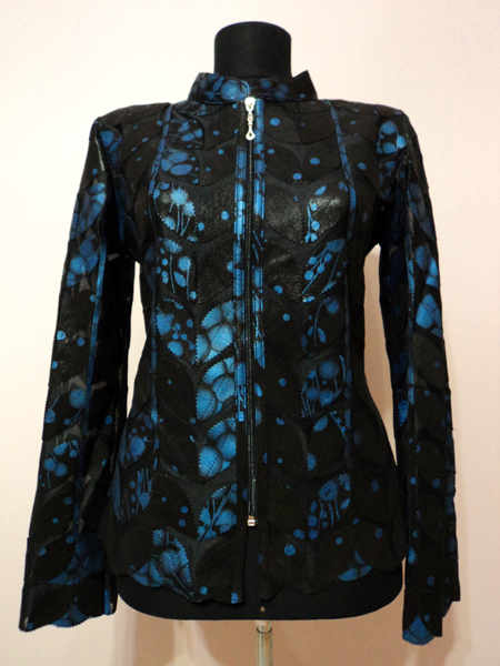 Blue Spotted Black Leather Leaf Jacket for Women