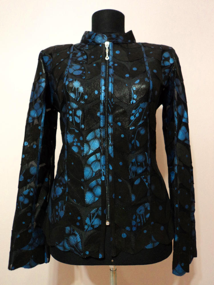 Womens Blue Spotted Black Leather Leaf Jacket