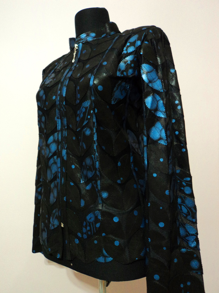 Womens Blue Spotted Black Leather Leaf Jacket