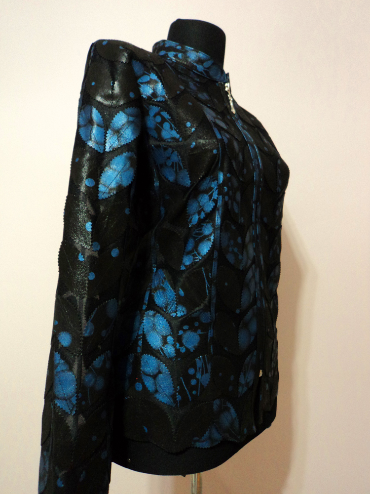 Womens Blue Spotted Black Leather Leaf Jacket